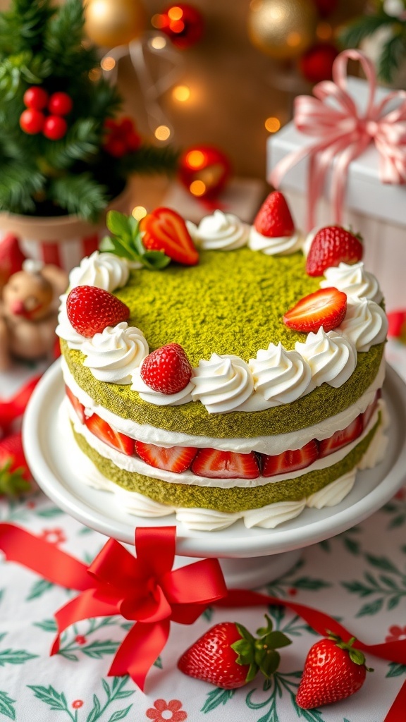 Japanese Christmas Aesthetic Recipe: Matcha Christmas Cake A festive Matcha Christmas Cake with whipped cream and strawberries on a holiday-themed table.